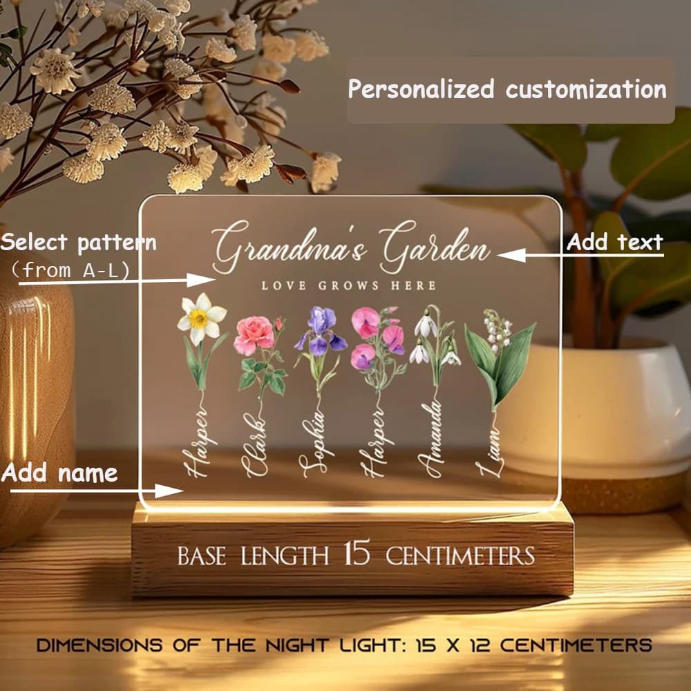 Mese di nascita personalizzato Fiore LED Luce notturna Morbido bagliore caldo Decorazione della casa Regalo a tema giardino della nonna Regalo di compleanno