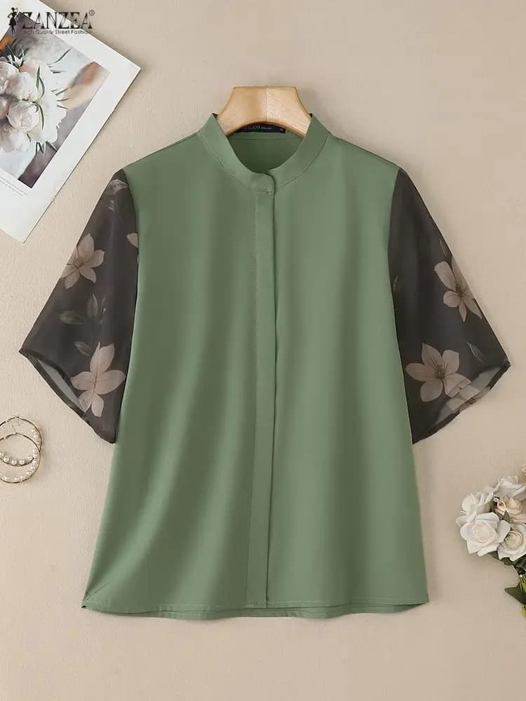 Women's Blouses Elegant Floral Chiffon Patchwork Short Sleeve Stand Collar Shirts Spring 2026 Fashion ZANZEA Woman Clothes S-3XL