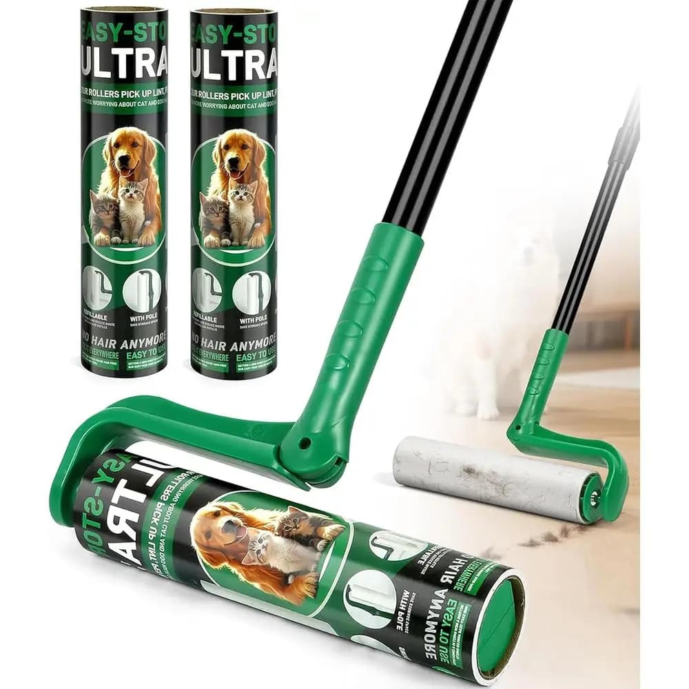 Rullo leva-pelucchi extra adesivo grande con manico lungo e ricariche per la rimozione dei peli di animali domestici da tappeti, auto, mobili e abbigliamento