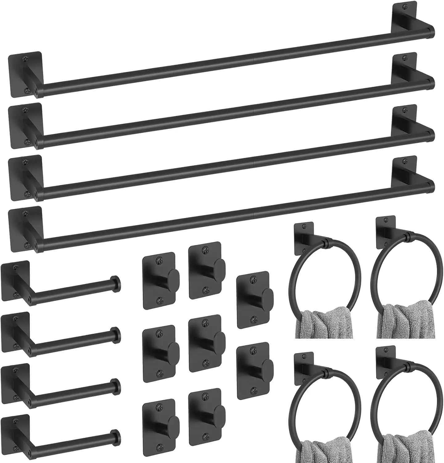 Set di accessori da bagno nero opaco da 20 pezzi con portasciugamani, ganci, porta carta igienica