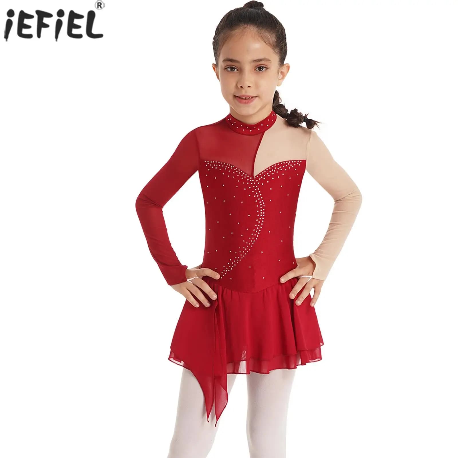 Bambini ragazze strass figura pattinaggio su ghiaccio vestito danza classica ginnastica body Tutu manica lunga sala da ballo Performance Dancewear