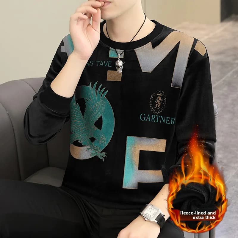 Autumn Winter Thickened Fleece Men's Velvet T-shirt Casual Embroidered Hoodie High Quality Comfortable Loose Fit Long Sleeve