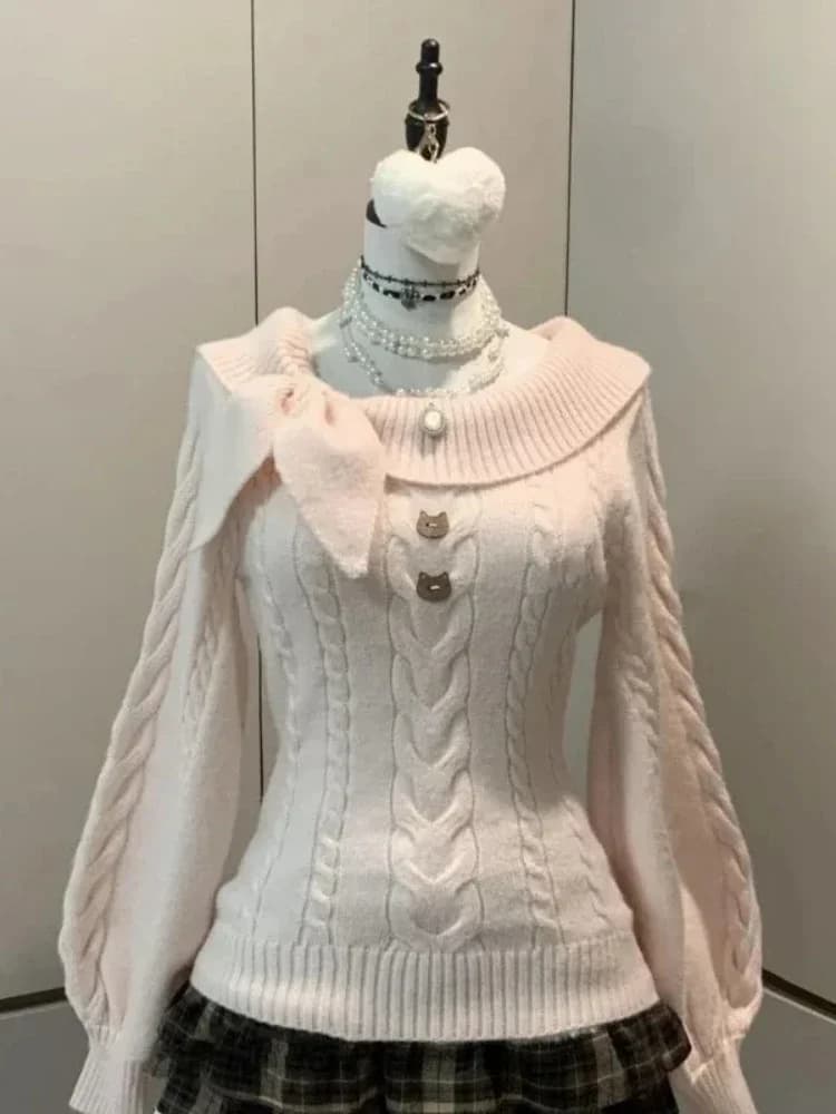 Maglione Autunno Inverno Dolce e Kawaii con Colletto Peter Pan, Patchwork, Moda Giapponese Vintage, Top in Maglia Y2k con Fiocco Carino