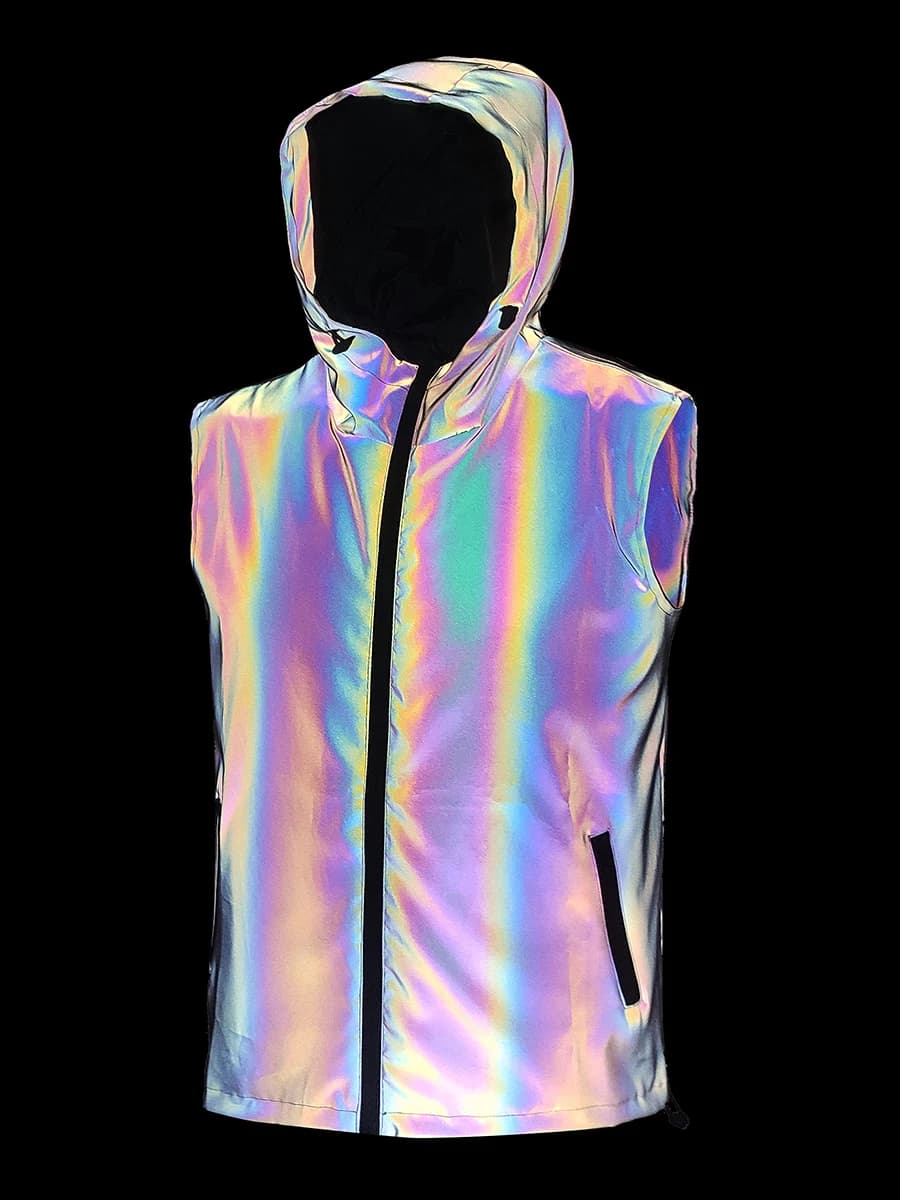 Reflective Vest Men's Hoodie Sleeveless Jacket Night Running Cycling Outdoor Clothing Fashionable Hip Hop Street Dance