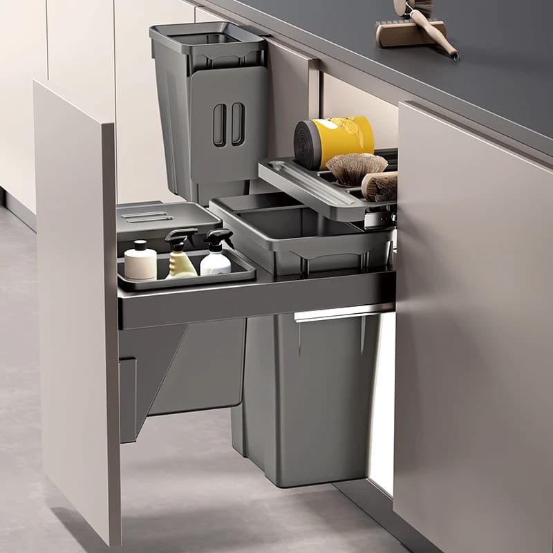Built-in Dual Compartment Trash Can for Kitchen Cabinet - Pull-Out Garbage Bin with Lid, Dry/Wet Waste Separation, Slim Design