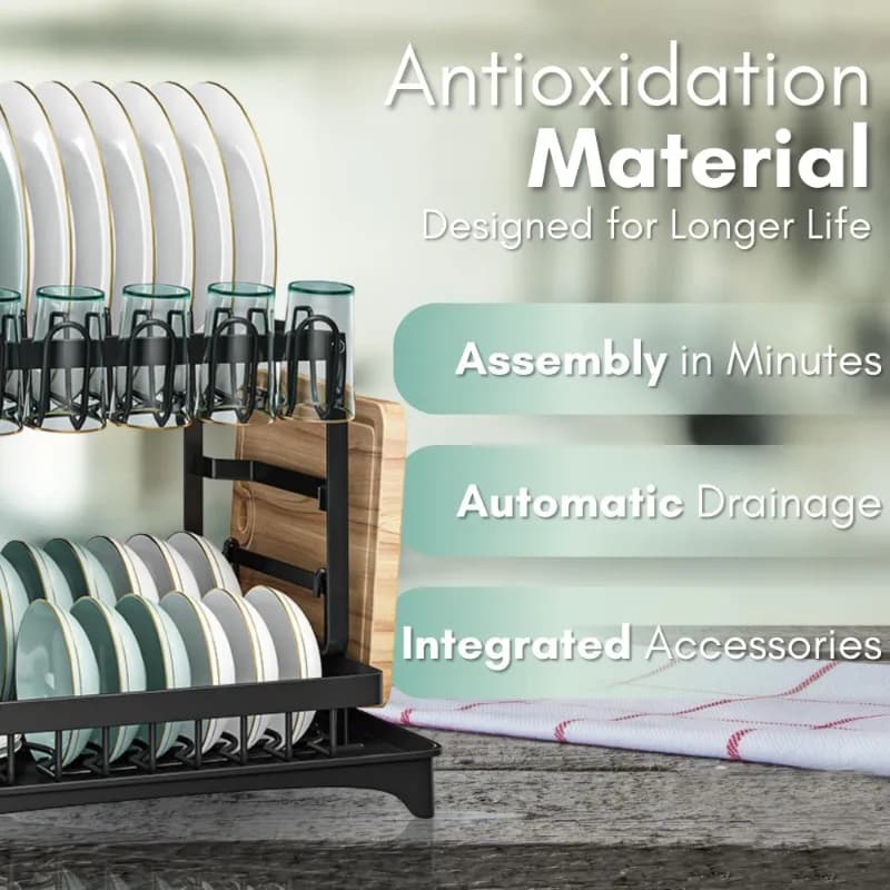 Y51A Modern Iron Wire Kitchen Dish Rack, Dual Layer with Utensil Holder, Cutting Board Stand & Draining Tray