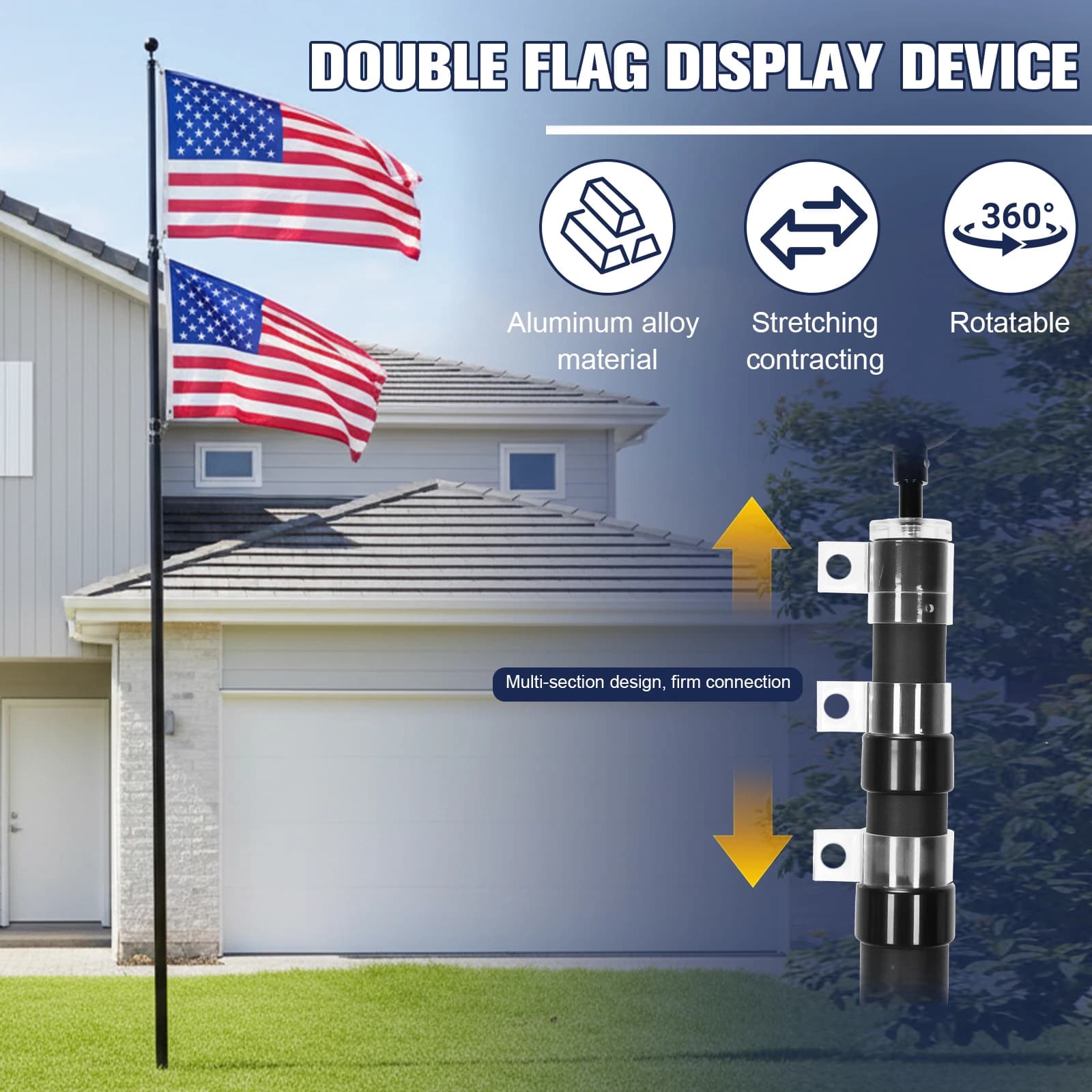 Kit Asta Portabandiera in Metallo Extra Spesso e Resistente con Rotazione a 360 Gradi ° Clip con anelli rotanti per uso residenziale o commerciale