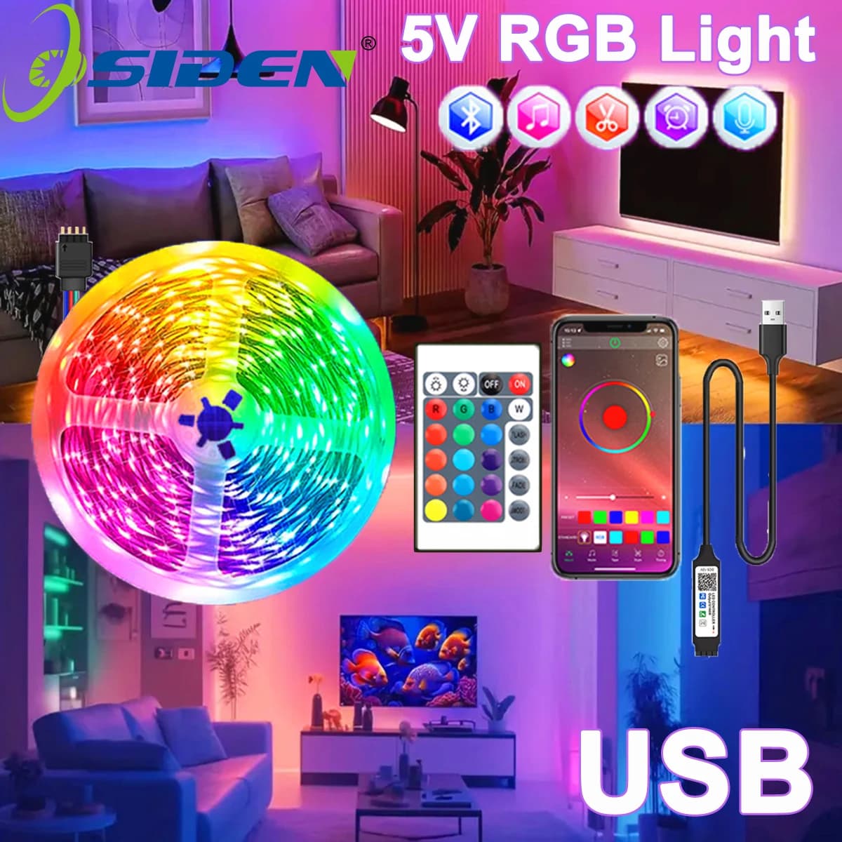 Strisce luminose a LED RGB USB 5V Bluetooth Sincronizzazione musicale remota Luce da camera a LED ricaricabile per soggiorno TV Camera da letto Decorazione da gioco