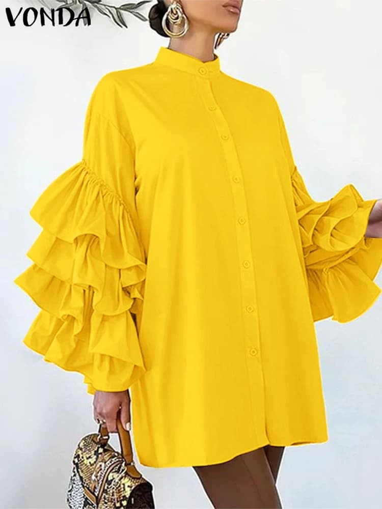 Plus Size VONDA Mini Women's Dress 2025 Elegant Korean Collar Hooded Dress Summer Casual Solid Color Long Sleeved Dress