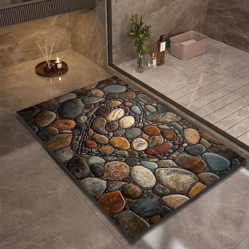 VIKAMA Natural Cobblestone Bath Mat Super Absorbent Non-Slip Quick Dry Floor Rug Imitation Stone Doormat for Bathroom