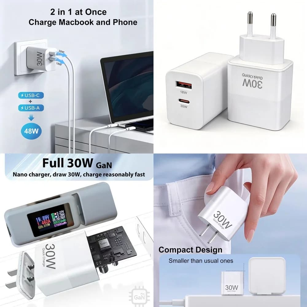 30W PD Fast Charger USB C Type C Wall Adapter Dual Port 18W QC 3.0 Quick Charging Block for iPhone 17 16 Samsung iPad Xiaomi EU