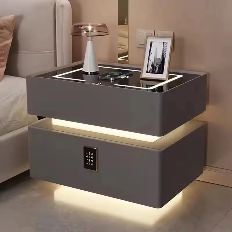 Comodino con ricarica wireless intelligente, luce a led, blocco delle impronte digitali, 2 cassetti, comodino, mobili per camera da letto