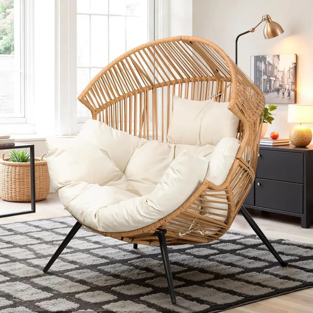 Rattan Oversize Uovo armchair with cushion, Ideal for Patio, Interior, Balcony, Garden, Living area, Beige