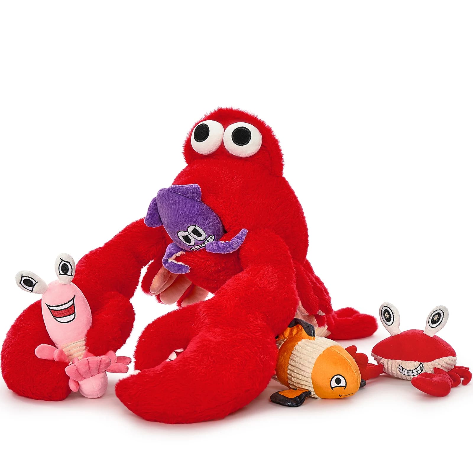 Animali di peluche morbidi ponderati da 5 pezzi, set di peluche di aragosta include mamma aragosta, gamberetti, granchio, polpo, pesce, gamberi giganti