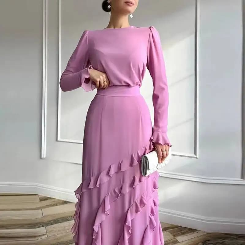 Moda O Collo Top Gonne Completi Donna Casual Manica lunga Volant Solido Abito sottile Elegante set di PC drappeggiati premium