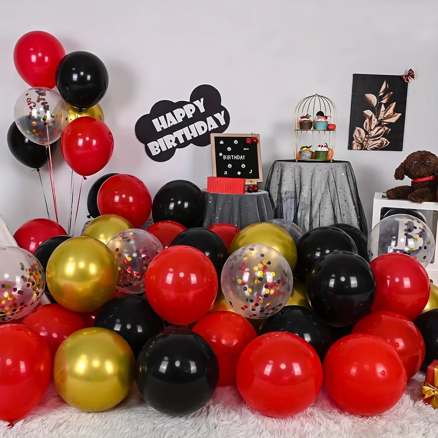 Set di palloncini rossi e neri, totale 70 confezioni - 68 palloncini rossi, neri e dorati, palloncini neri e rossi con 2 nastri per decorazioni a tema per feste di compleanno, laurea, Capodanno, decorazioni per feste di compleanno