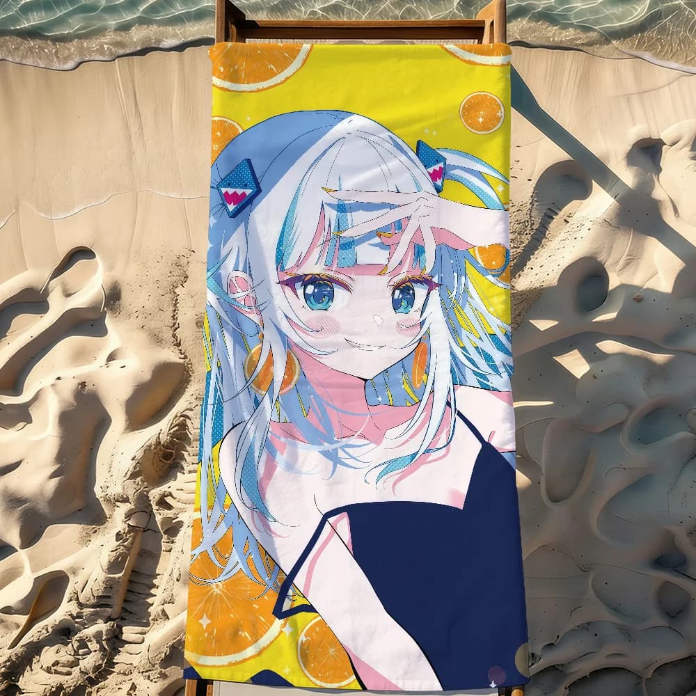 VTuber G-Gawr Gura Cute Towel Sports Asciugamano da spiaggia grande, morbido e leggero, ad asciugatura rapida, per viaggi e campeggio, resistente alla sabbia