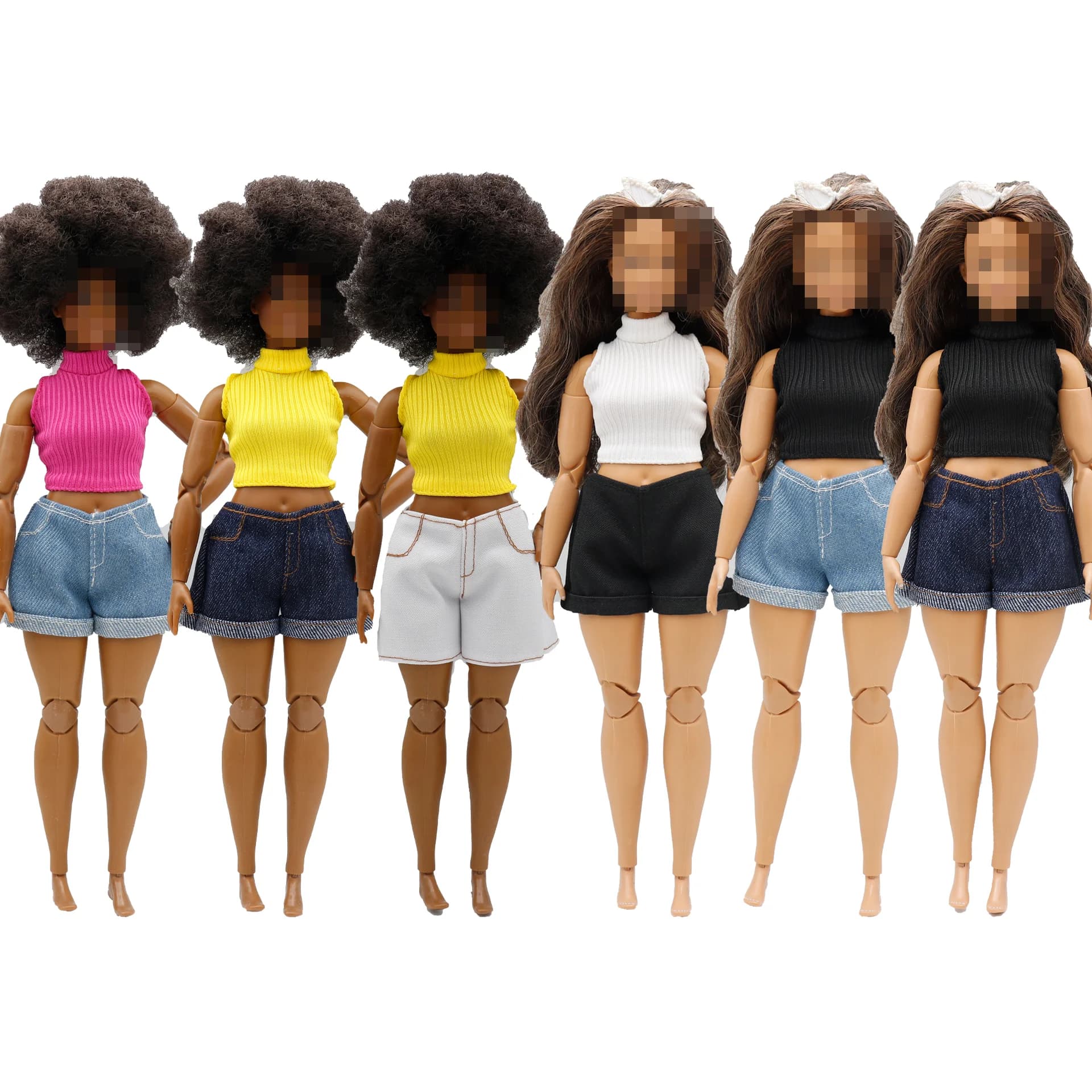 Nuovi pantaloncini in jeans da 30 cm per bambole 1/6, set con gilet a collo alto a righe, abbigliamento per tutti i giorni per bambole curvy B.Doll da 11,5 pollici.