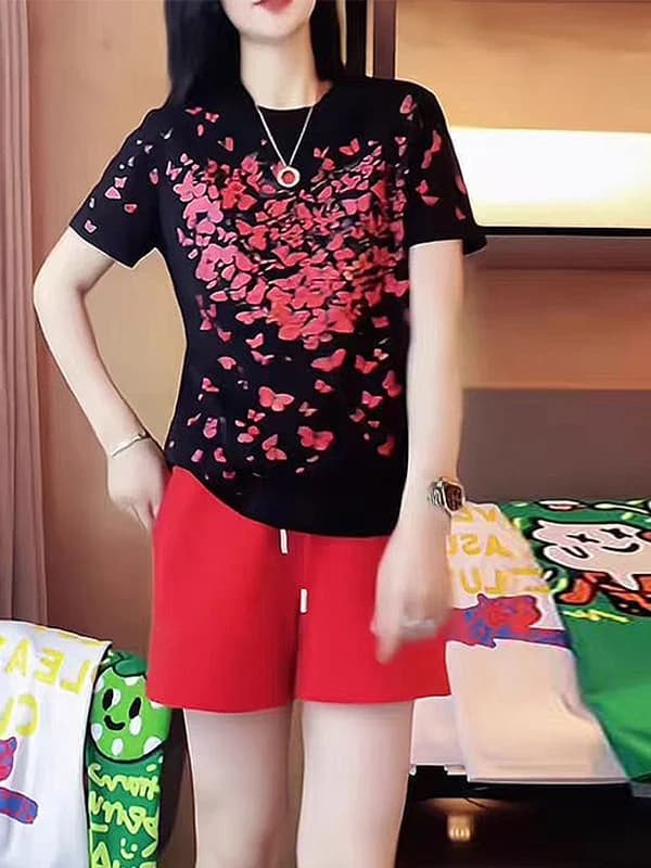 Elegante Completo Due Pezzi con T-Shirt a Maniche Corte Stampata e Pantaloncini Casual, Pullover alla Moda con Collo Tondo per Donna