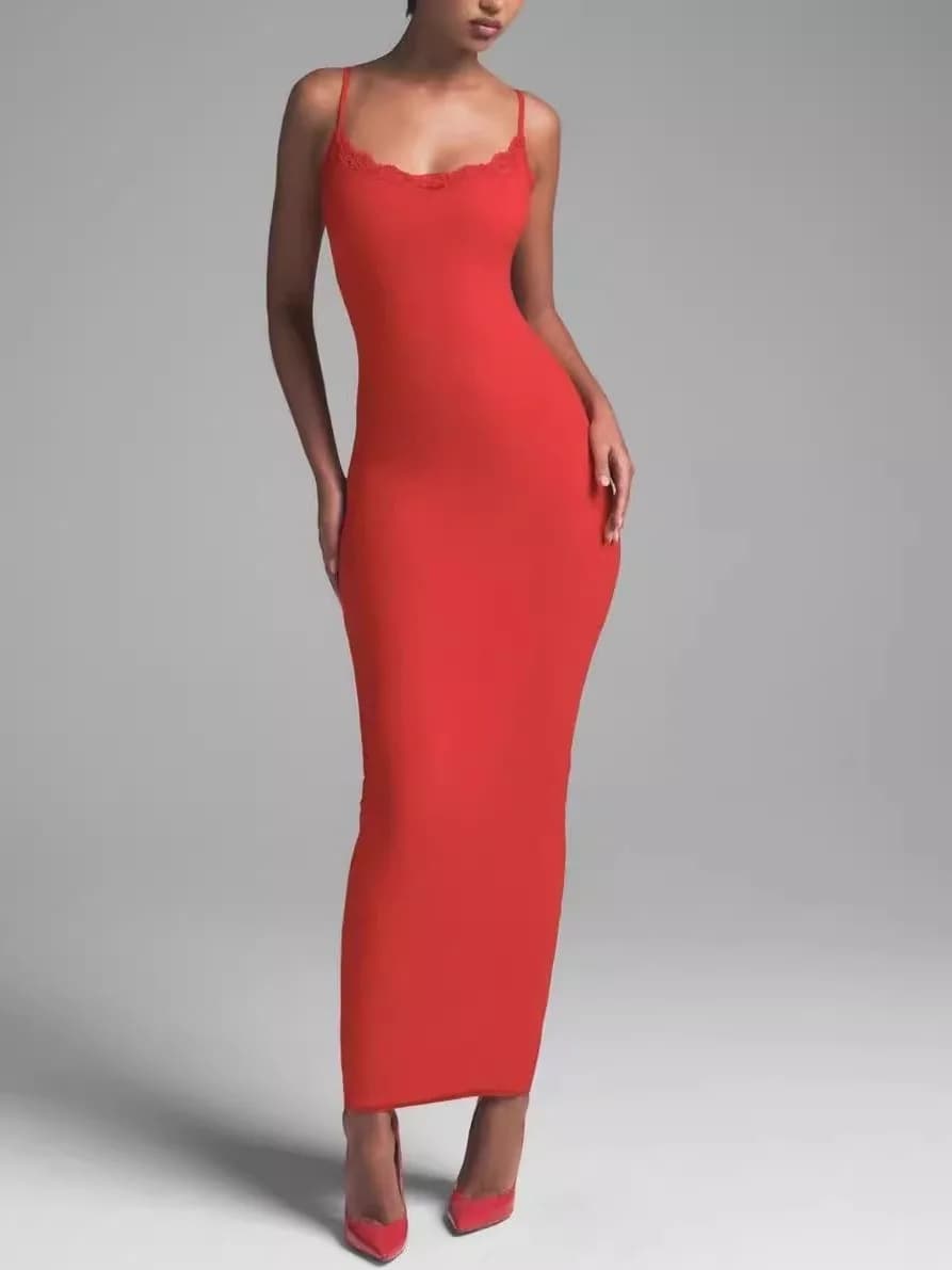 Elegante Abito Lungo con Pizzo e Spalline Regolabili, Vestito Casual a Forma di H in Maglia di Modal e Misto Cotone per Primavera, Autunno e Inverno