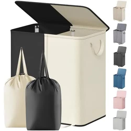 Cesto per Bucato Doppio Lifewit con Coperchio e Sacchi Rimovibili, Grande Cesto Pieghevole per Vestiti Sporchi con 2 Divisori e Maniglia