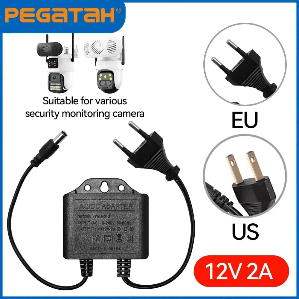 PEGATAH DC12V 2A Adattatore di alimentazione impermeabile con spina europea per telecamera di sicurezza CCTV AHD NVR DVR Ingresso AC110V-240V Caricatore 5,5x2,1 mm