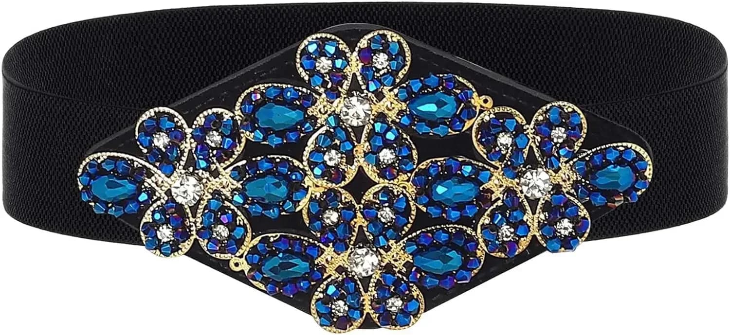 Cintura elasticizzata con strass Cintura larga nera da donna Cinture blu Accessori elastici per gioielli in vita con fiori per il vestito