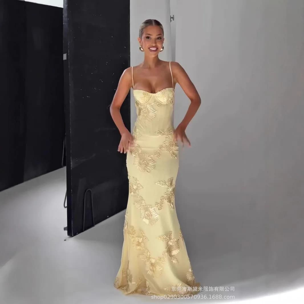 Abito Lungo Elegante da Donna con Stampa, Chic con Lacci Posteriori, Vestito a Sirena Slim con Spalline, Nuova Collezione 2026 per Feste e Serate in Club