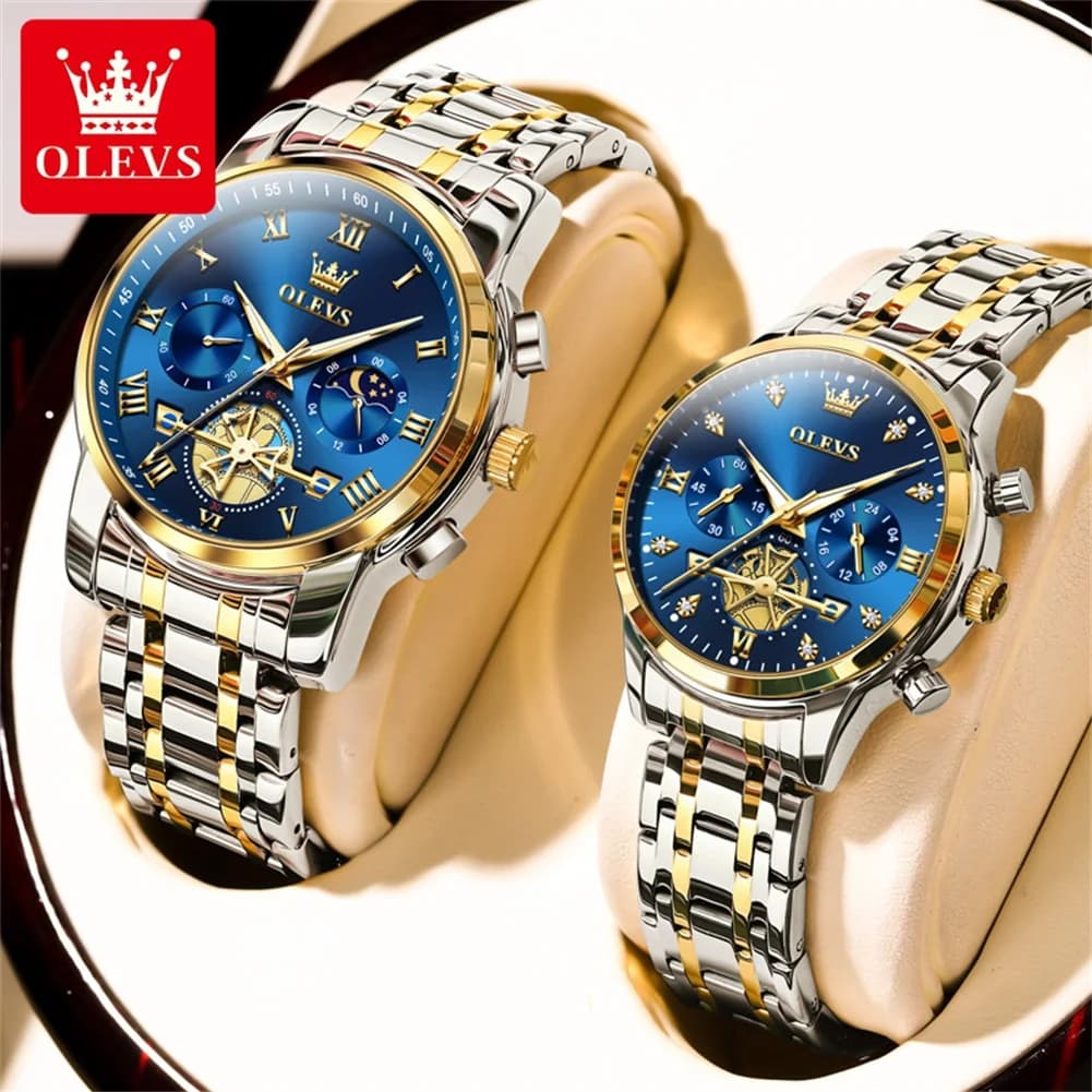 OLEVS Cronografo di lusso per amanti del quarzo Orologio da coppia in acciaio inossidabile impermeabile con fasi lunari per uomo e donna