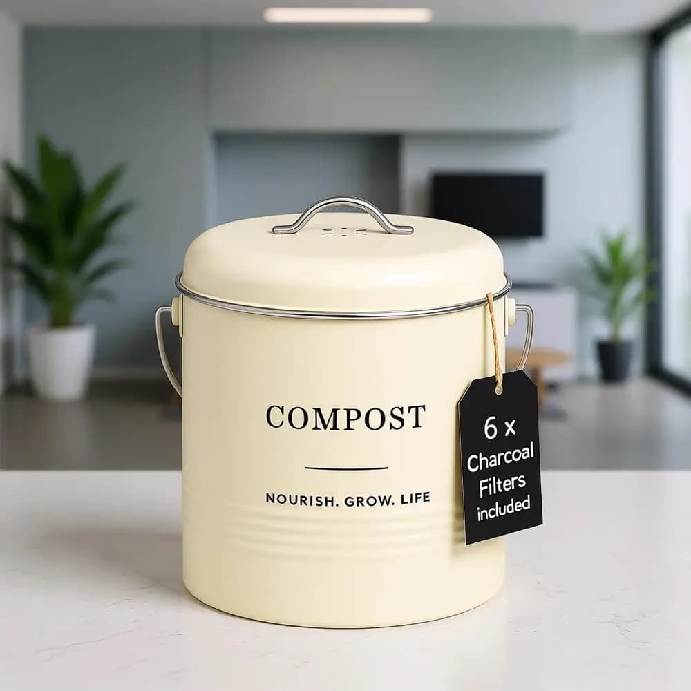 Contenitore per Compost da 1,3 Galloni con Coperchio e 6 Filtri al Carbone - Bidone Inodore per Scarti Alimentari da Interno (Crema)