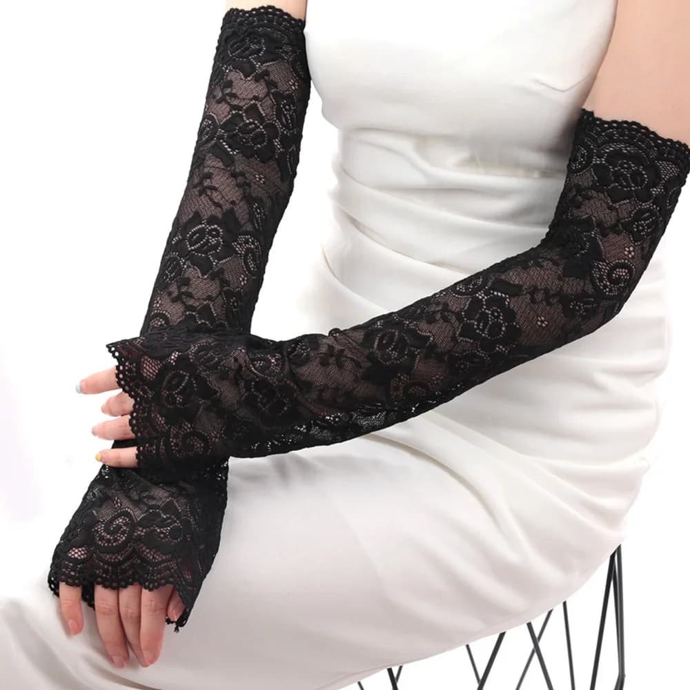 1 Paio di Guanti Sexy in Pizzo Traforato Senza Dita, Protection Solare, Maniche in Rete Sottile, Gloves Estivi, Solar Protection for Arms