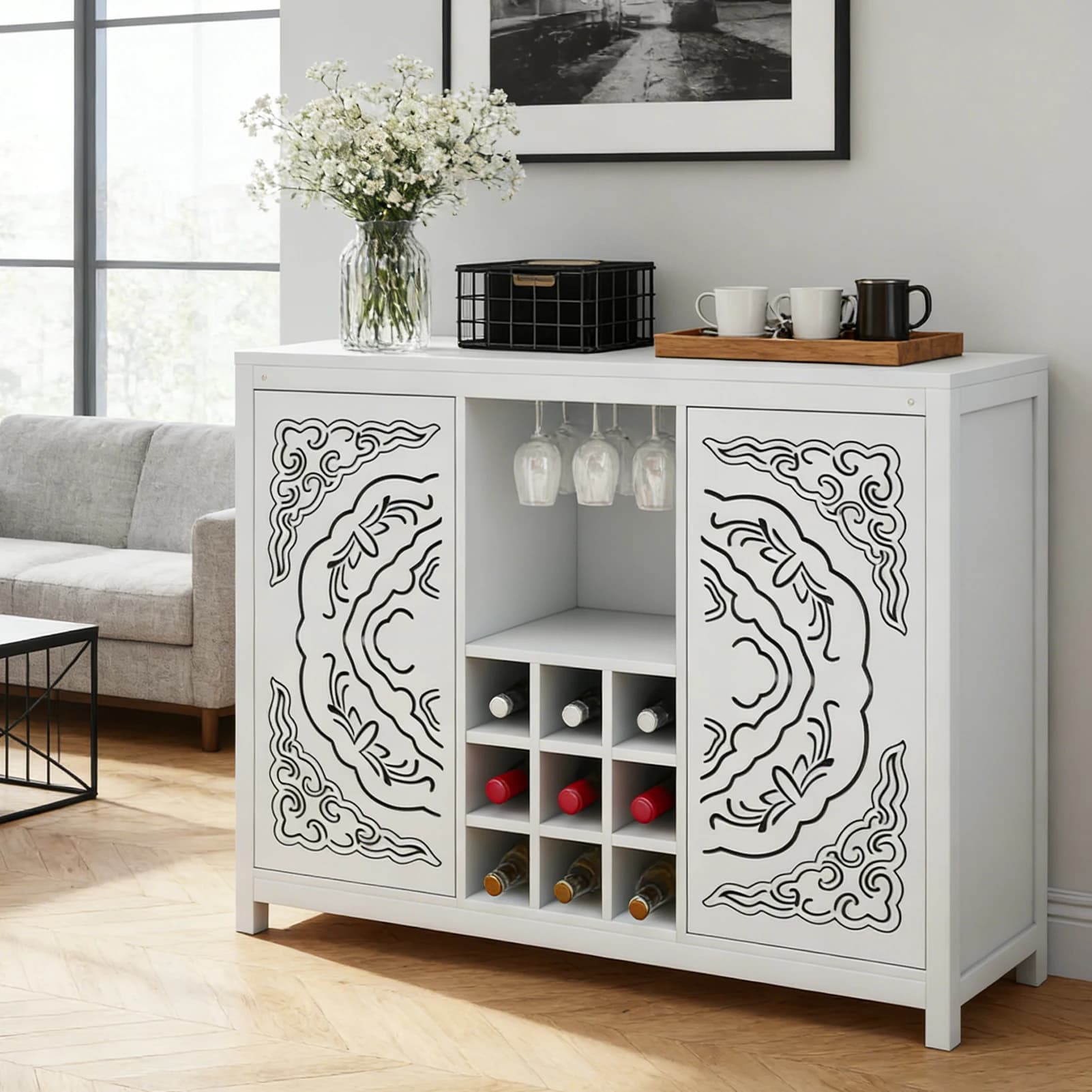 Mobile Bar con 2 Ante e Portabottiglie, Credenza Porta Liquori con Portabicchieri per Soggiorno, Sala da Pranzo e Cucina