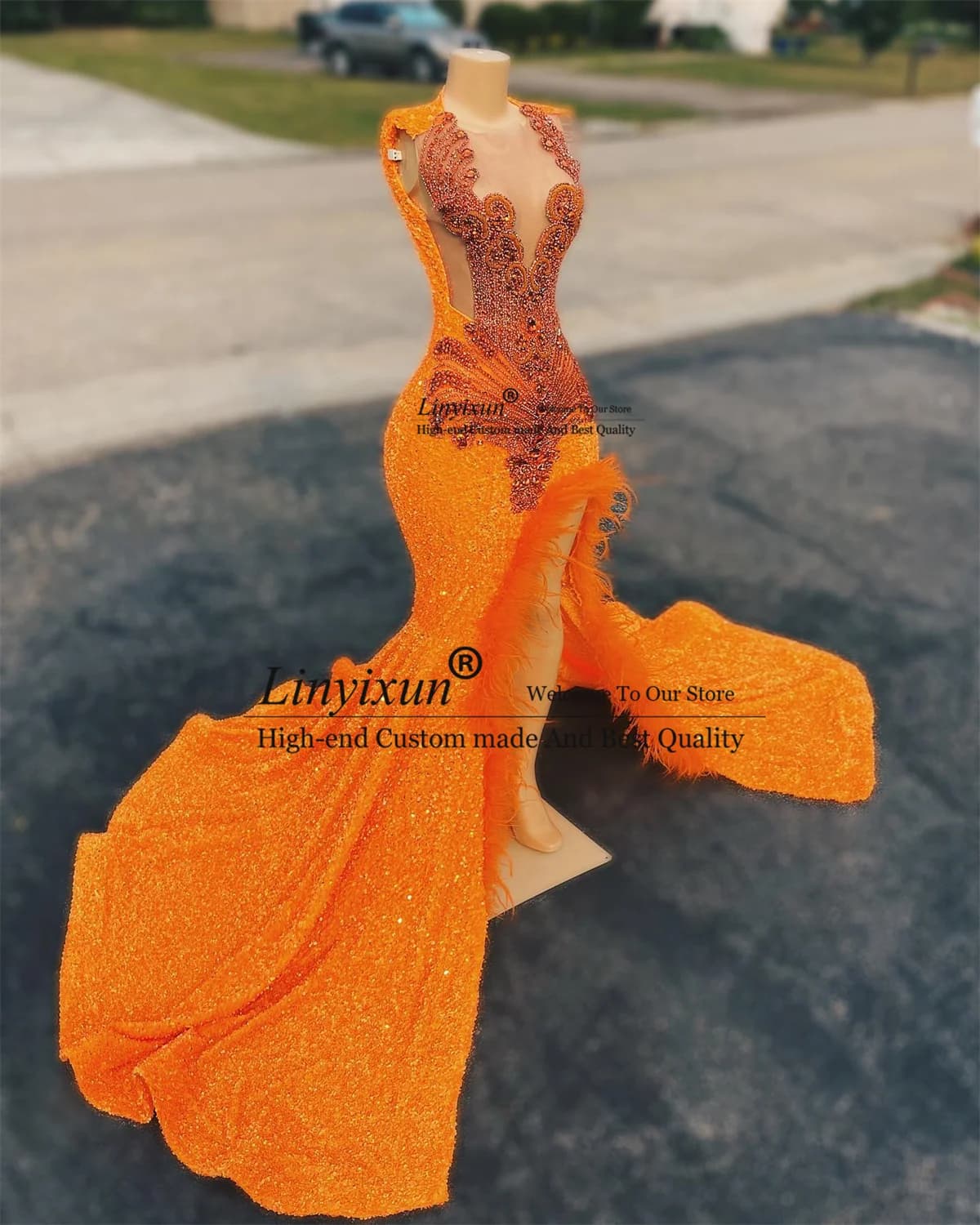 Abiti da ballo a sirena con paillettes personalizzati Spacco laterale Perline Cristalli Abiti da sera per feste formali Piume per ragazze nere Robe De Soiree