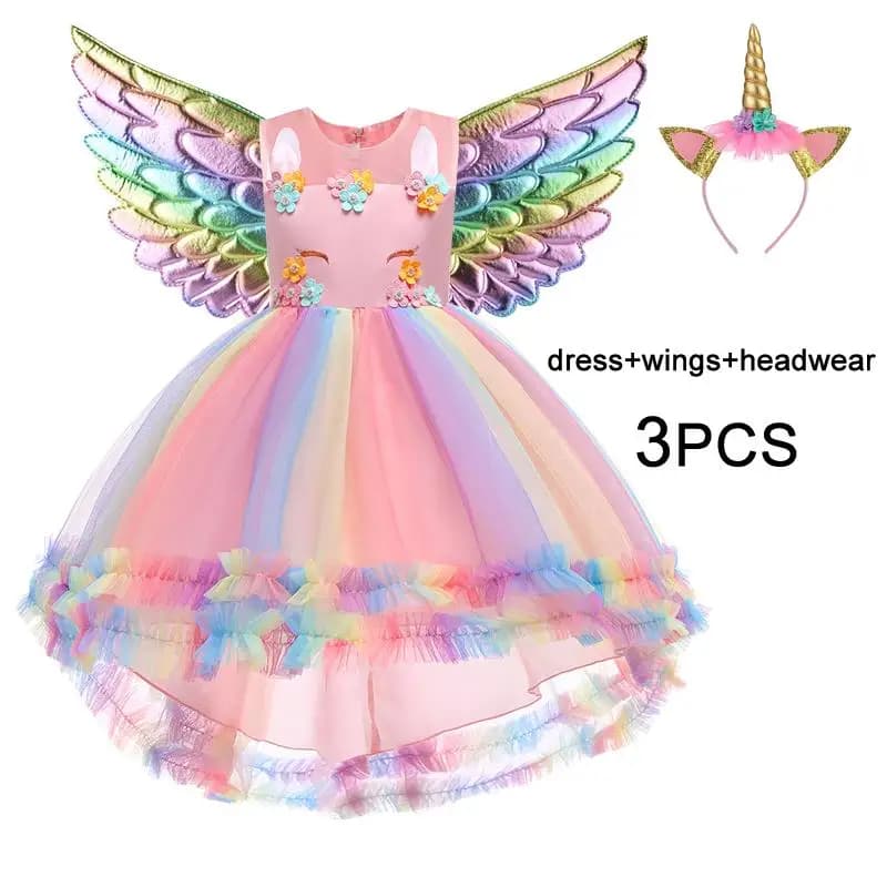 Abito da festa per unicorno per ragazze Costume cosplay Unicorni arcobaleno Pizzo Compleanno Matrimonio Abiti da principessa Abito da ballo con applicazioni di fiori