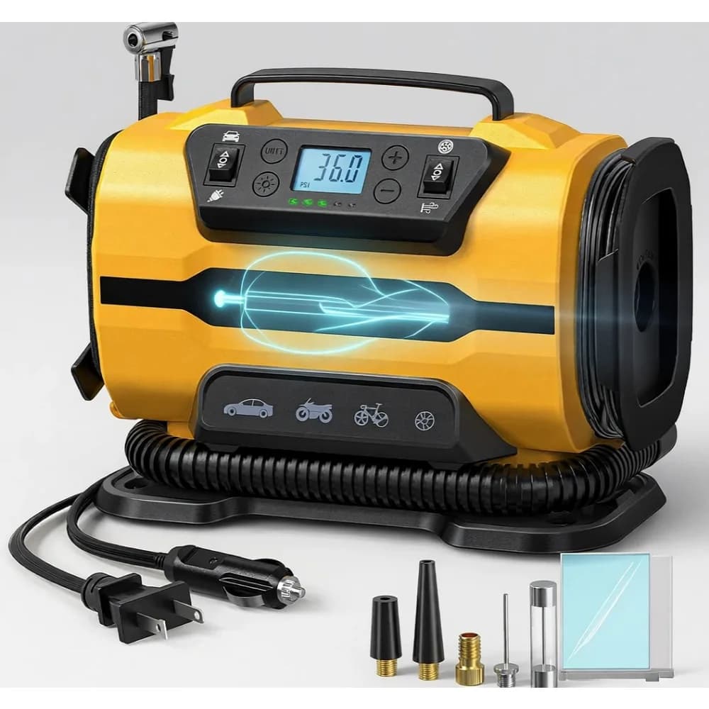 Compressore d'Aria Portatile a Doppio Motore 150PSI 12V 110V con Luce LED per Auto, Bici e Materasso