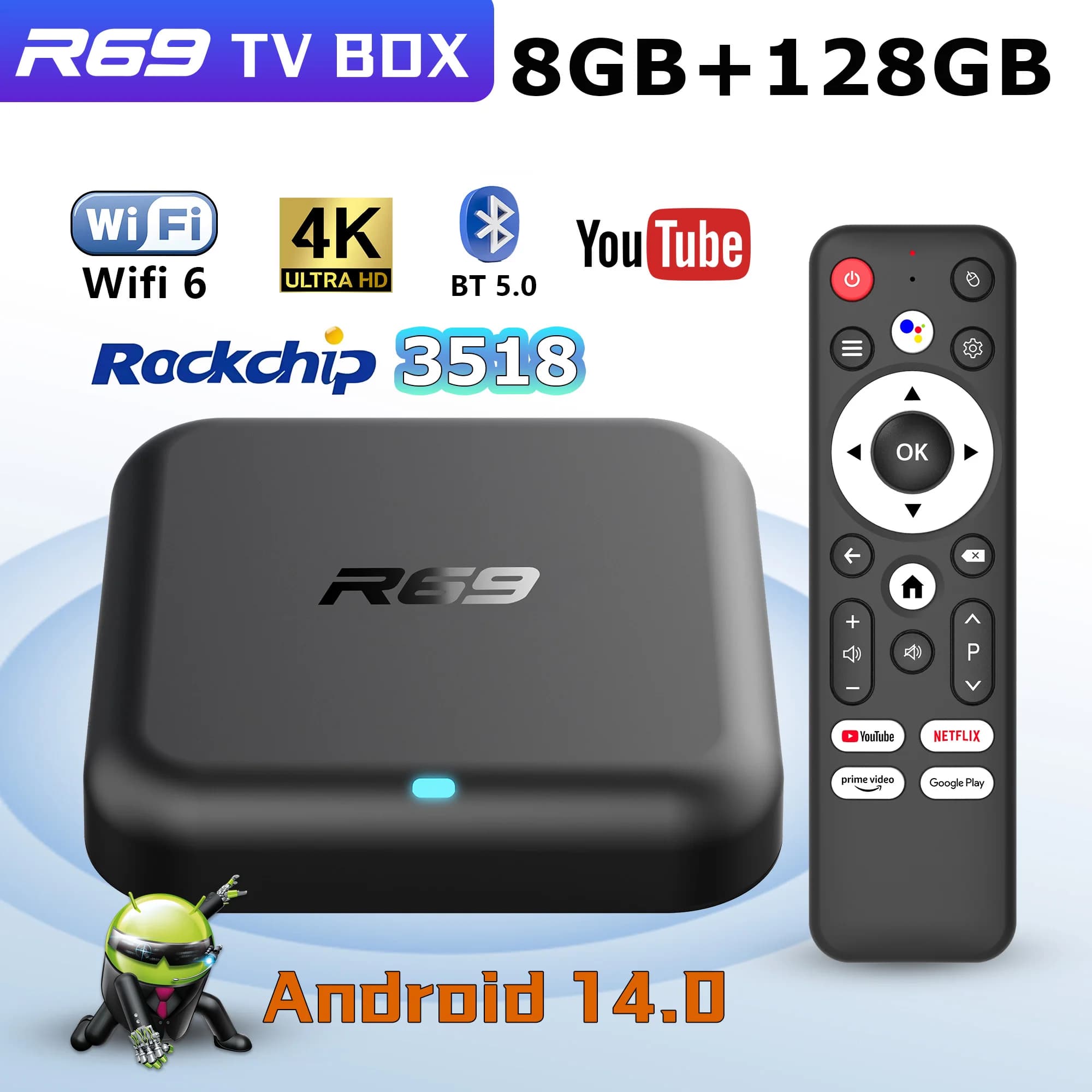 2025 Smart TV Box R69-1 Android 14 Ram 8GB Rom 128GB Streaming Lettore multimediale Bluetooth 5.4 5G Wifi Google Voice Set Top Box