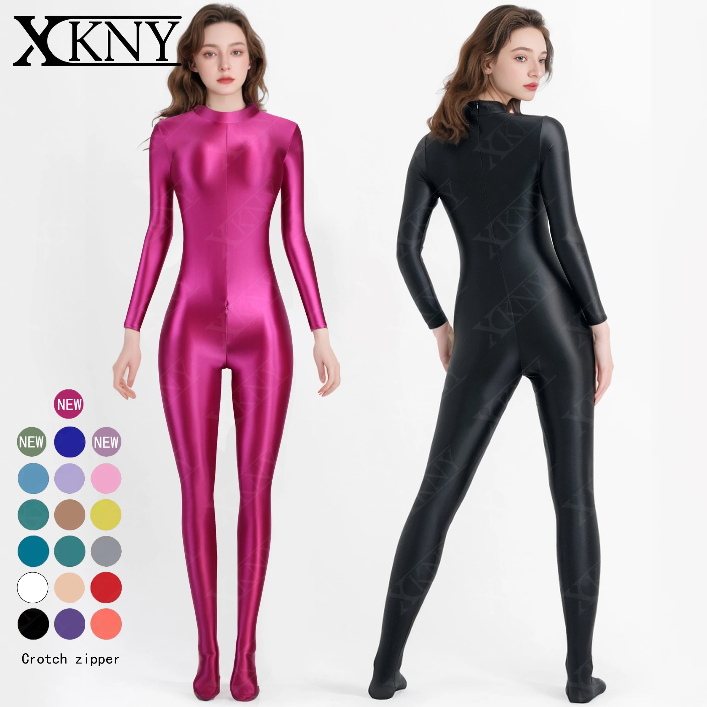 XClocKNYoung Tuta intera lucida effetto olio con cerniera bidirezionale lunga, per Yoga, Sport e Tempo Libero, Stile Catsuit