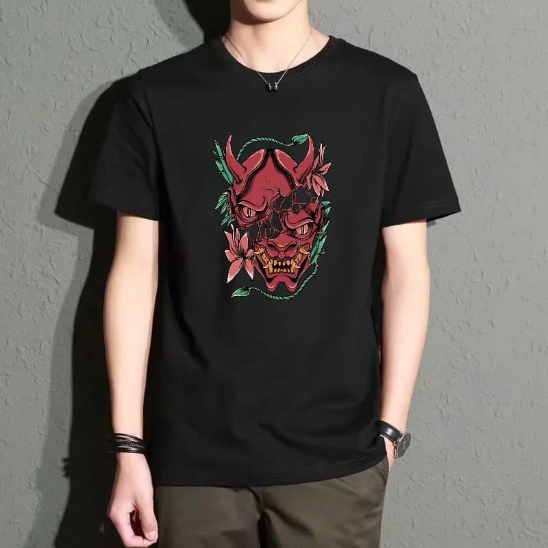 Men's Black Round-Neck Short-Sleeved T-Shirt, Personalized Hannya Mask Print Top, Street Fashion Loose Fit, Versatile for Daily Casual Wear, Comfortable and Breathable