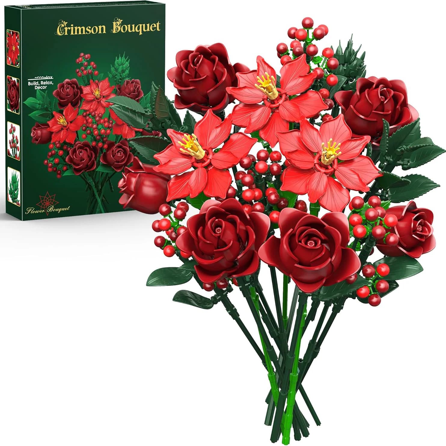 Modular Red Floral Bouquet Building Set for Women — the Perfect Gift for Mothers, Wives, Girlfriends, and Couples | Contains Red Roses, Poinsettias (Christmas Blooms), and Red Holly Berries. | 917+ Artificial Plant Decorative Pieces, Suitable for Table Centerpieces, Desk and Office Decoration.