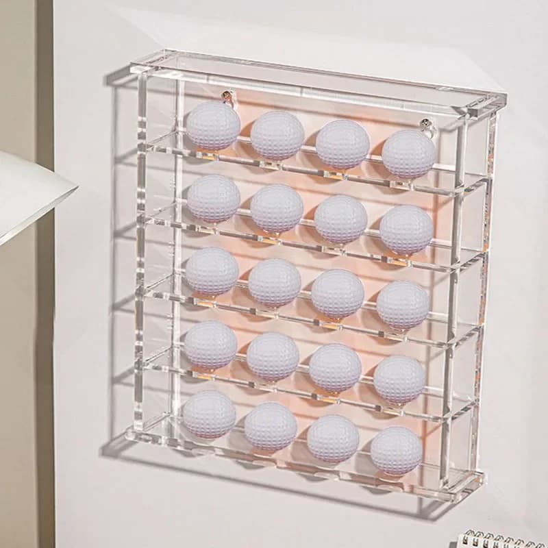 Espositore per palline porose montato a parete con scatola portaoggetti per esposizione di palline da golf in acrilico trasparente