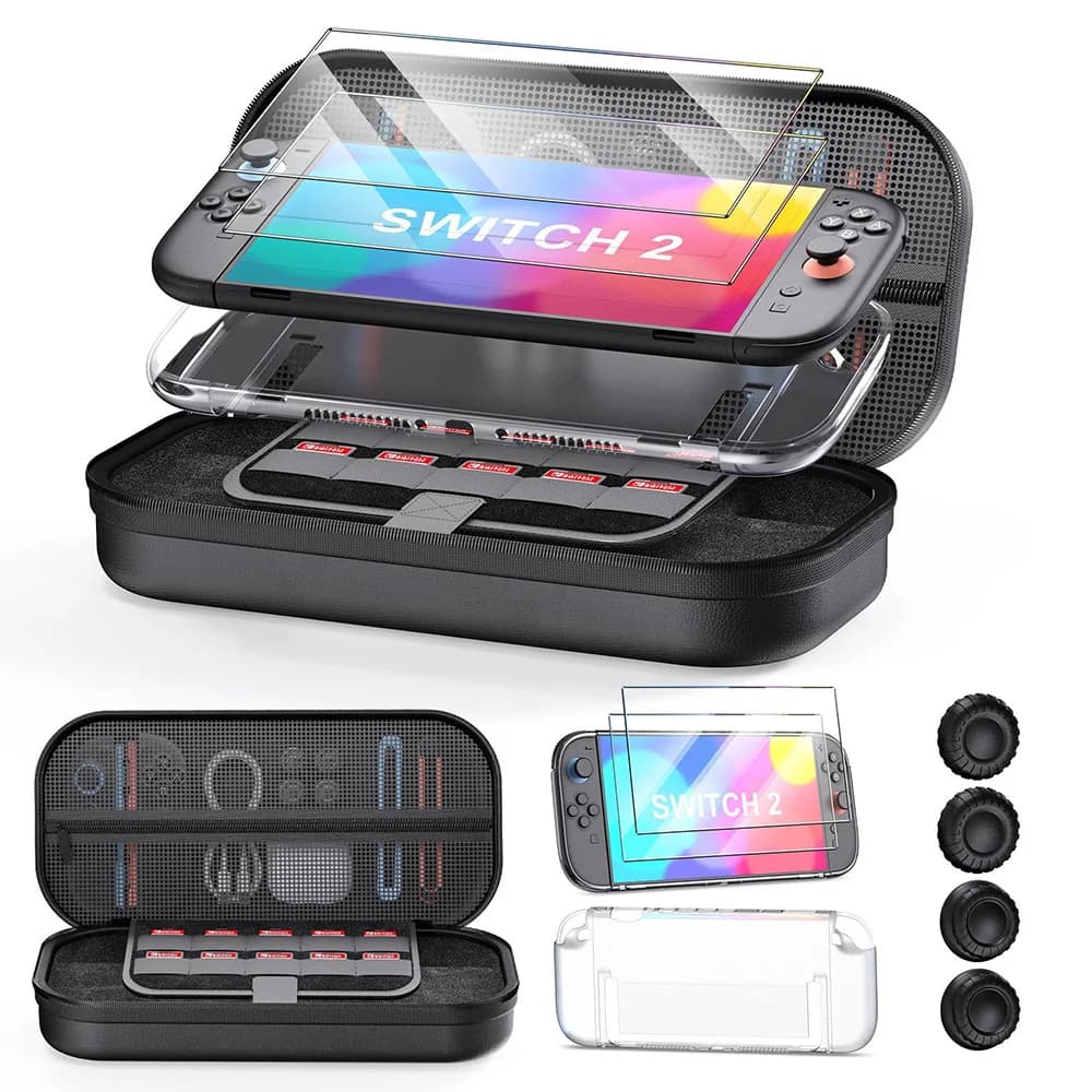 Custodia da trasporto 8 in 1 per Nintendo Switch 2 con protezione schermo in vetro temperato e accessori da gioco compatibili
