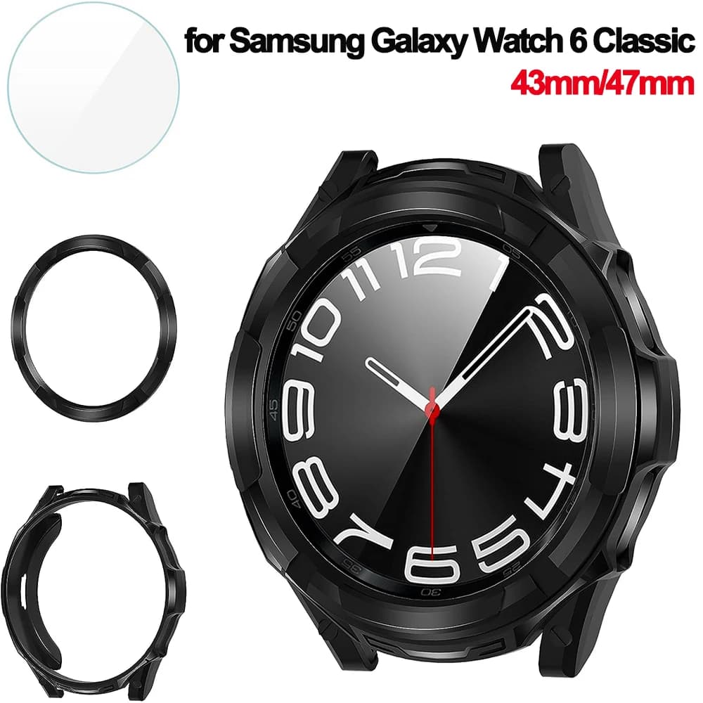 Custodia morbida in TPU + vetro per Samsung Galaxy Watch 6 Classic 43/47mm Cover in TPU paraurti + protezione schermo per Galaxy Watch 6 Classic