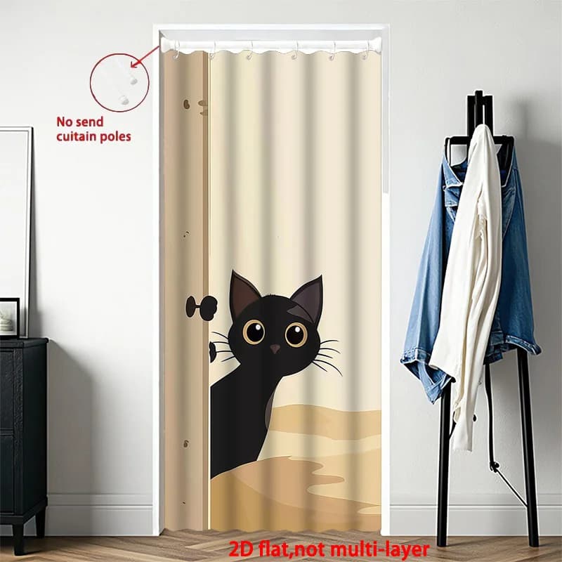 Tenda per porta stampata piatta 2D VIKAMA con motivo gatto nero giocoso, decorazione per interni ed esterni per portico di casa