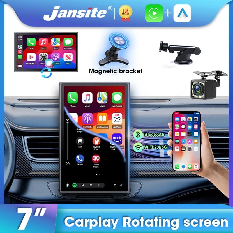 Jansite 7 inch Car Monitor Multimedia Player Dashboard Mirror Wireless Carplay Android Auto Support Landscape & Vertical Screen