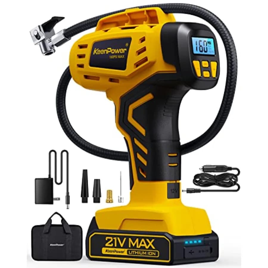 Compressore d'aria portatile per gonfiaggio pneumatici - Super Veloce - Gonfiatore pneumatici portatile a batteria ricaricabile da 21V 160PSI a doppia alimentazione