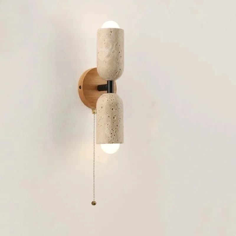 2025 Interruttore a catena a tirante Lampada da parete a LED Lampada da lettura Corridoio Bar Nordico moderno 2 Pedra travertino gialla Baldacchino in legno Comodino