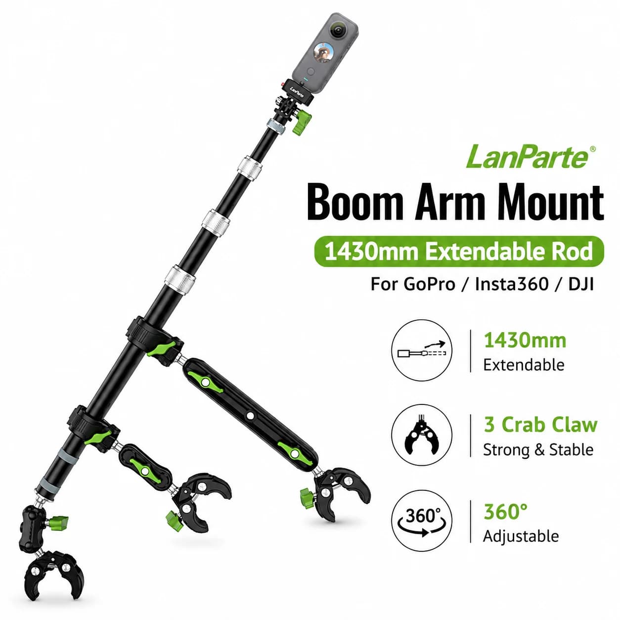 Supporto per Moto LanParte con Braccio Estensibile 1430mm, Kit Monopiede per Action Camera con Morsetto a Pinza per GoPro Insta360 DJI Osmo