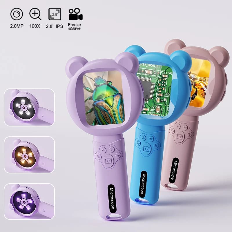 Lente d'ingrandimento digitale per bambini, schermo da 2,8'', microscopio video portatile, ingrandimento 2,0 MP 100X con 15 LED per l'esplorazione all'aperto