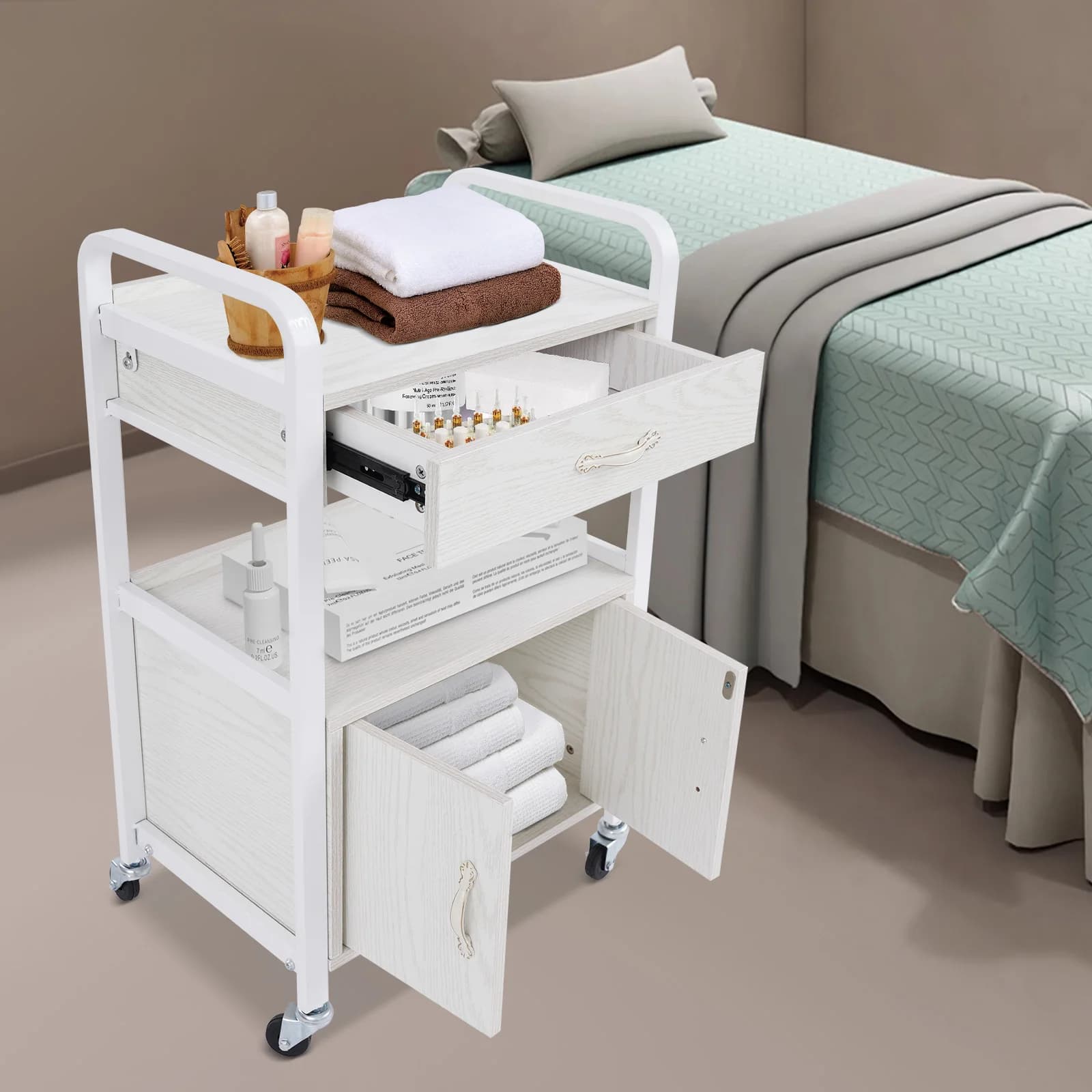 White Rust-resistant Salon Storage Cabinet, Salon Storage Cart with 4 Universal Wheels, Movable Beauty Organizer 51*33*83cm