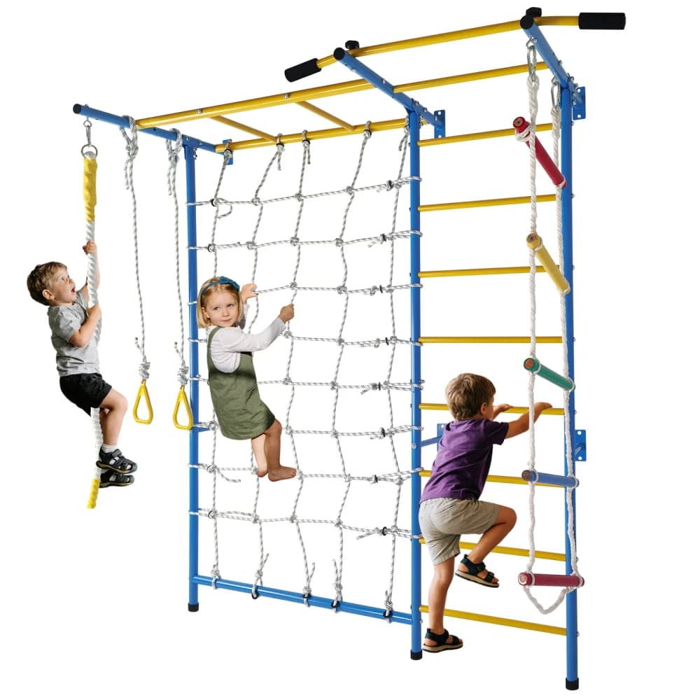 Gymnastica Indoor 7-in-1: Sbarre per Arrampicata, Scala di Corde, Parete di Corda, Barra per Trazioni, Scala a Muro e Anelli Ginnici